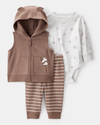 Conjunto tres piezas chaleco con capucha, body estampado perro y pantalón