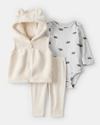 Conjunto tres piezas chaleco con oso, body y pantalón blanco