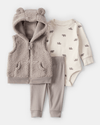Three-piece set: vest with bear, bodysuit, and ivory pants