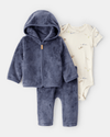Three-piece set: navy blue zip-up fleece jacket, bodysuit, and trousers