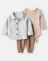 Three-piece set with quilted cardigan, striped bodysuit, and trousers