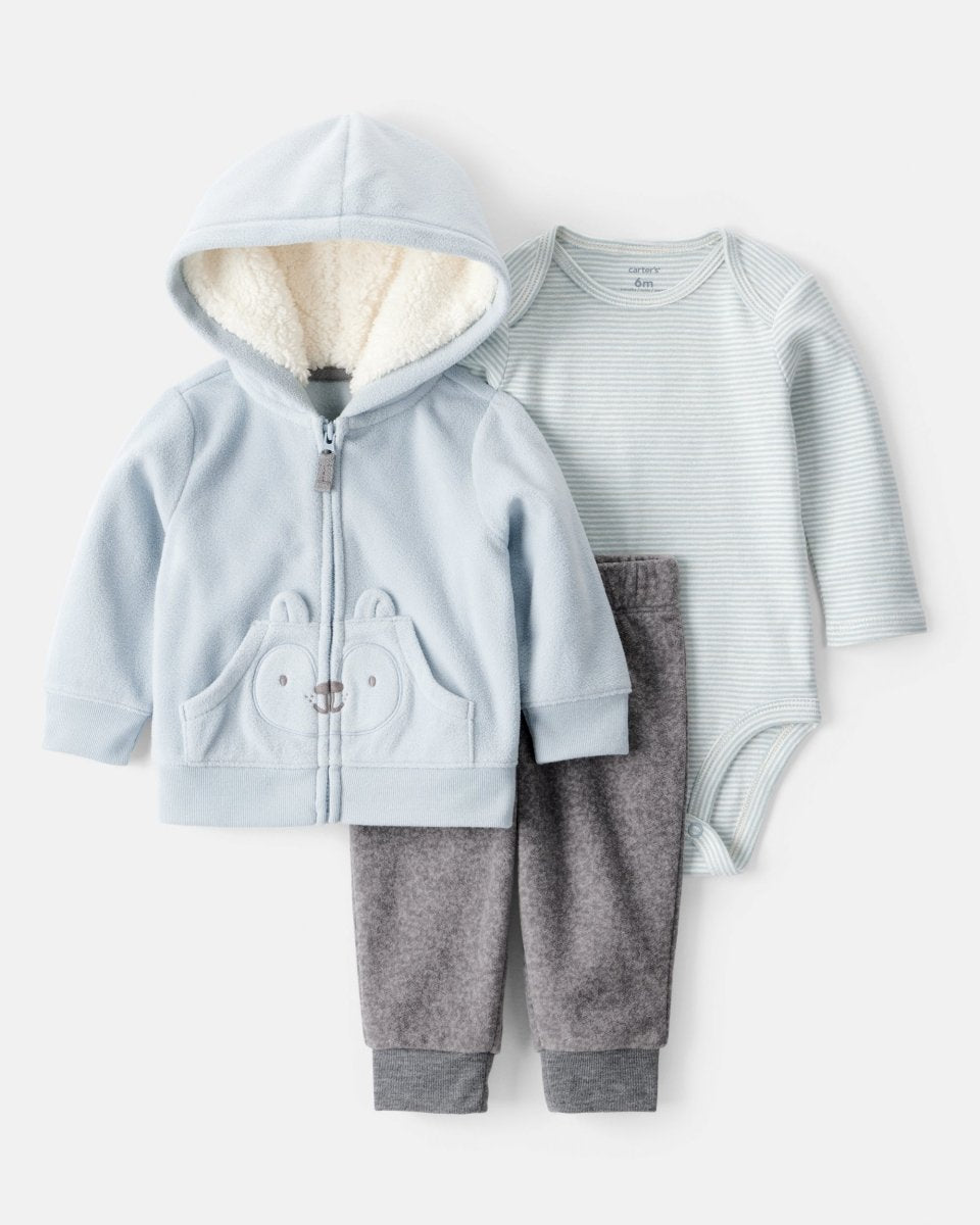 Conjunto tres piezas con cárdigan azul, body estampado y pantalón - Carter's