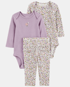 Three-piece set with two cotton bodysuits and ruffled leggings, floral design