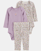 Conjunto tres piezas con dos bodies de algodón y calza con volantes, diseño floral - Carter's