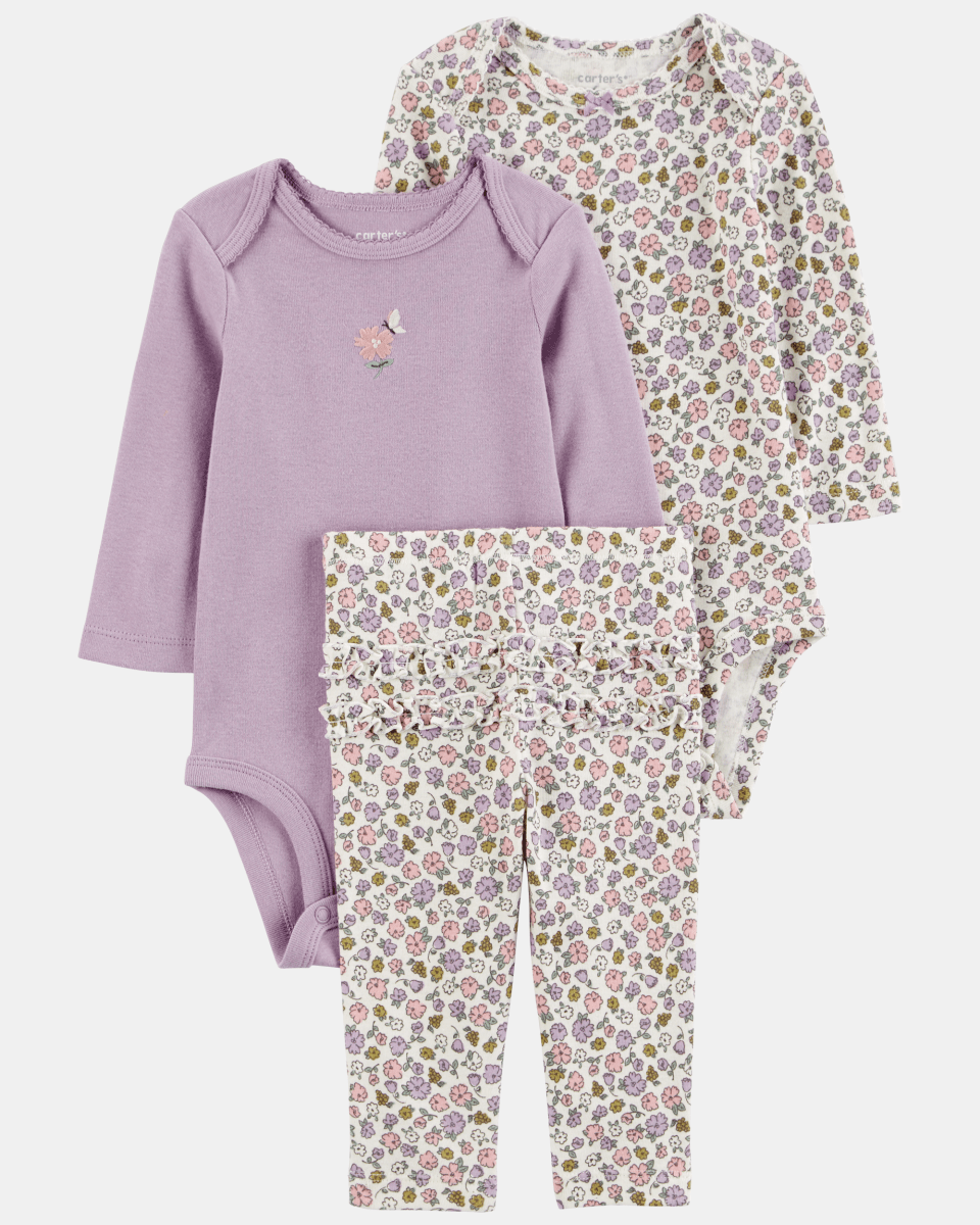 Conjunto tres piezas con dos bodies de algodón y calza con volantes, diseño floral - Carter's