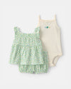 Three-piece cotton set with printed T-shirt, bodysuit and floral diaper cover