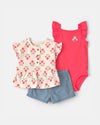 Three-piece cotton set: floral t-shirt, coral bodysuit, and diaper cover