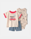 Three-piece cotton set with graphic t-shirt, bodysuit, and crab-print diaper cover