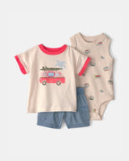 Conjunto tres piezas de algodón camiseta gráfica, body y cubrepañal diseño cangrejo - Carter's
