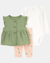 Conjunto tres piezas de algodón, chaleco capitoneado, pantalón y body calado, diseño floral