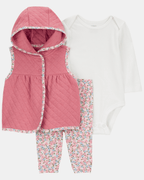 Conjunto tres piezas de algodón, chaleco capitoneado, pantalón y body, diseño floral - Carter's