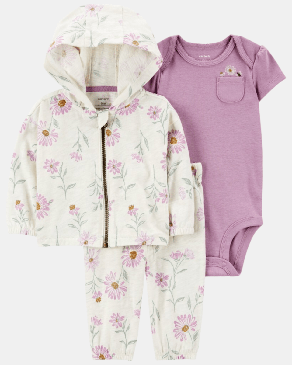Conjunto tres piezas de algodón, chaqueta, pantalón y body, diseño floral - Carter's