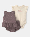 Three-piece cotton set with blouse, bodysuit, and brown floral diaper cover