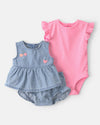 Three-piece cotton set with chambray blouse, bodysuit, and cherry-print shorts