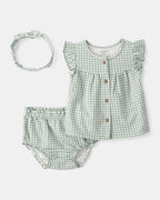 Conjunto tres piezas de algodón con blusa, pantalón corto y lazo, diseño vichy - Carter's