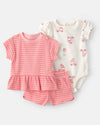 Three-piece cotton set with T-shirt, bodysuit, and shorts with ice cream truck design