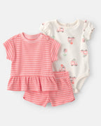 Conjunto tres piezas de algodón con camiseta, body y pantalón corto con diseño camiones de helado - Carter's