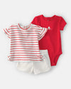 Three-piece cotton set with T-shirt, bodysuit, and shorts with nautical design