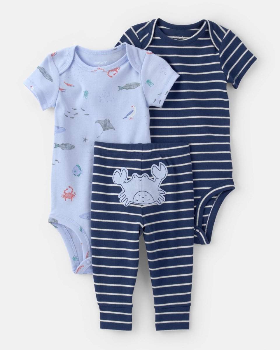 Conjunto tres piezas de algodón con dos bodies y pantalón, diseño animales marinos - Carter's