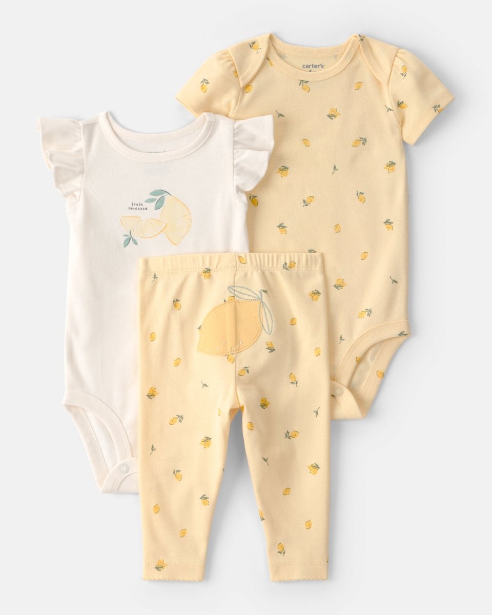 Conjunto tres piezas de algodón con dos bodies y pantalón, diseño limones - Carter's