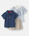 Three-piece cotton set with polo shirt, T-shirt, and shorts with a nautical design
