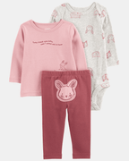 Conjunto tres piezas de algodón, pantalón, camiseta y body, diseño conejos - Carter's