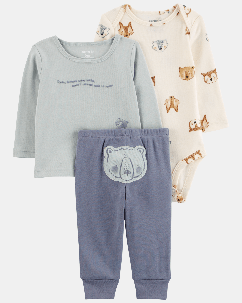 Conjunto tres piezas de algodón pantalón, camiseta y body diseño osos - Carter's