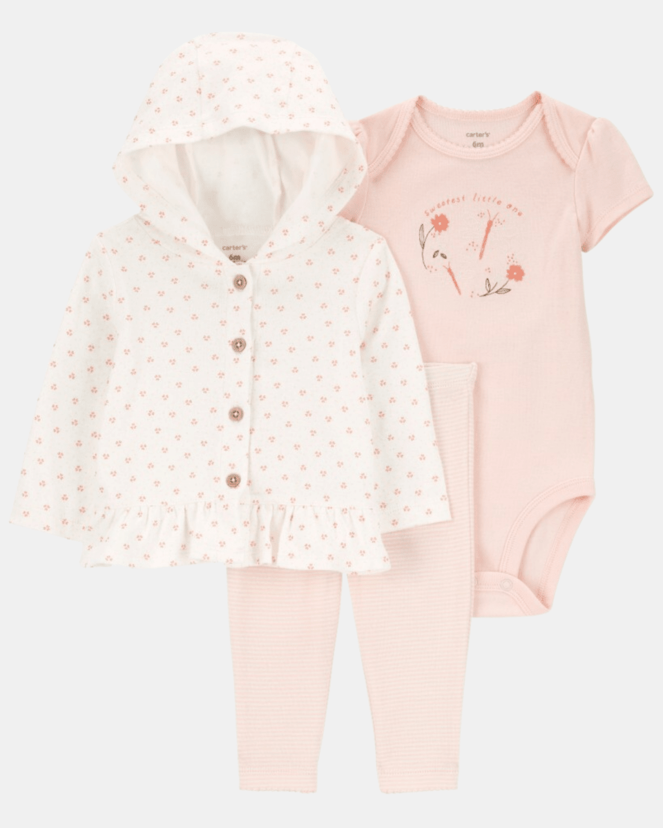 Conjunto tres piezas de algodón, pantalón, cárdigan con capucha y body - Carter's