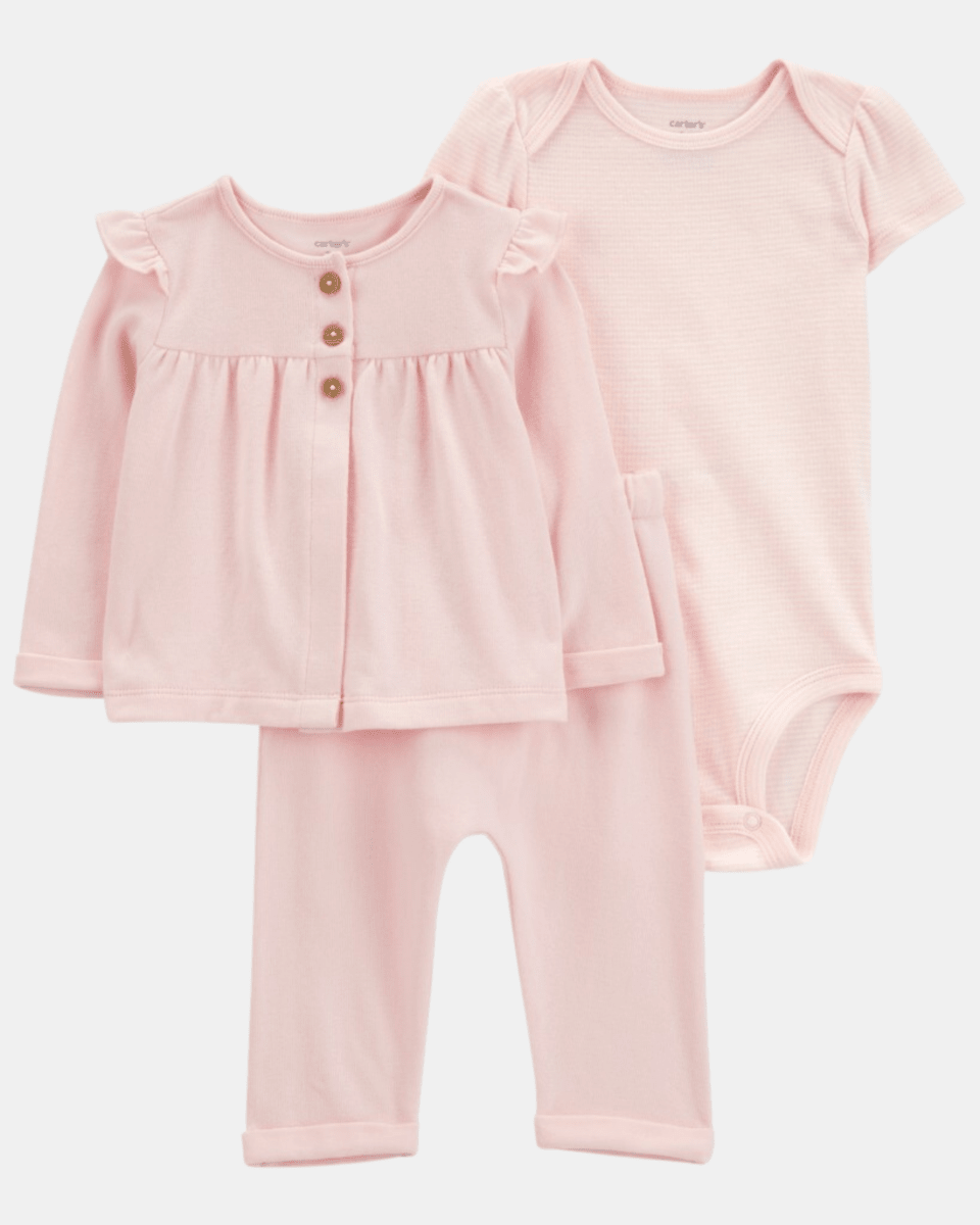 Conjunto tres piezas de algodón, pantalón, cárdigan y body, color rosa - Carter's