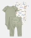 Three-piece cotton set with pants and two crocodile-design bodysuits