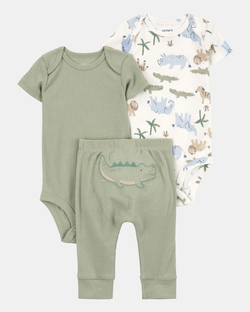Conjunto tres piezas de algodón pantalón y dos bodies diseño caimán - Carter's