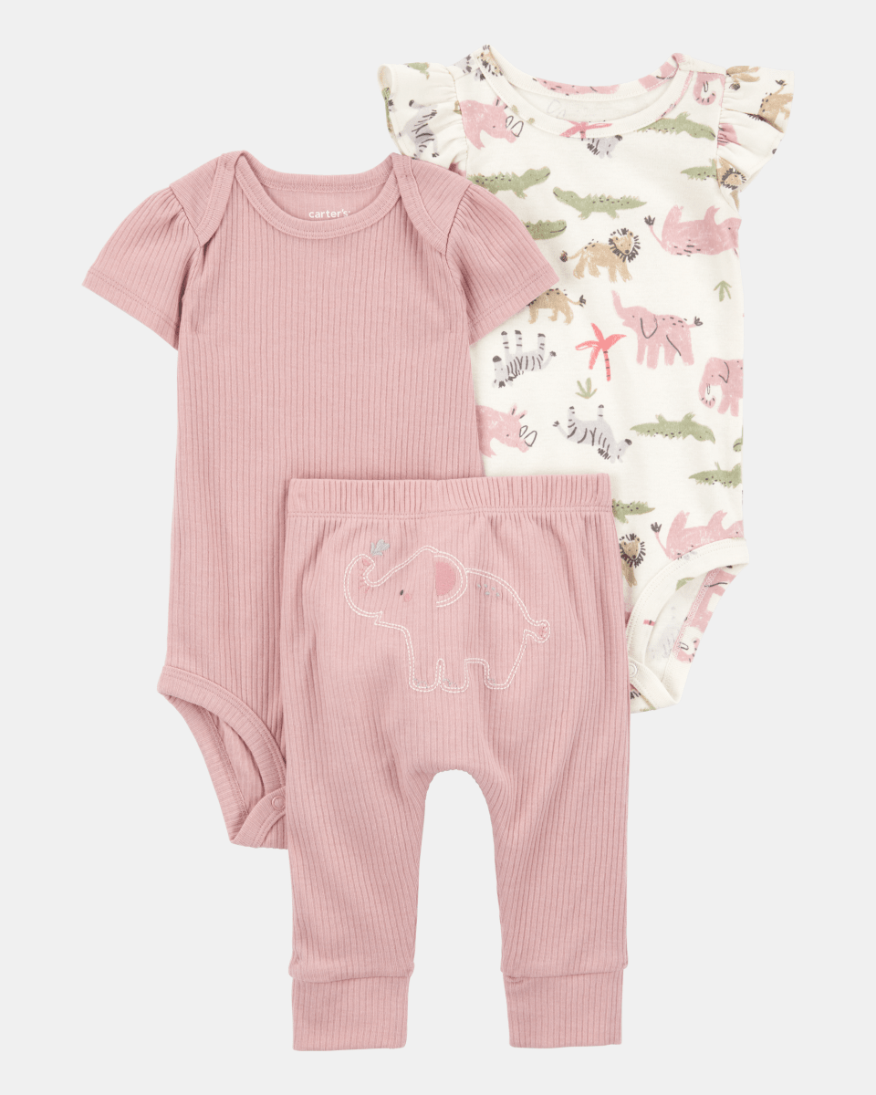Conjunto tres piezas de algodón, pantalón y dos bodies, diseño elefantes - Carter's
