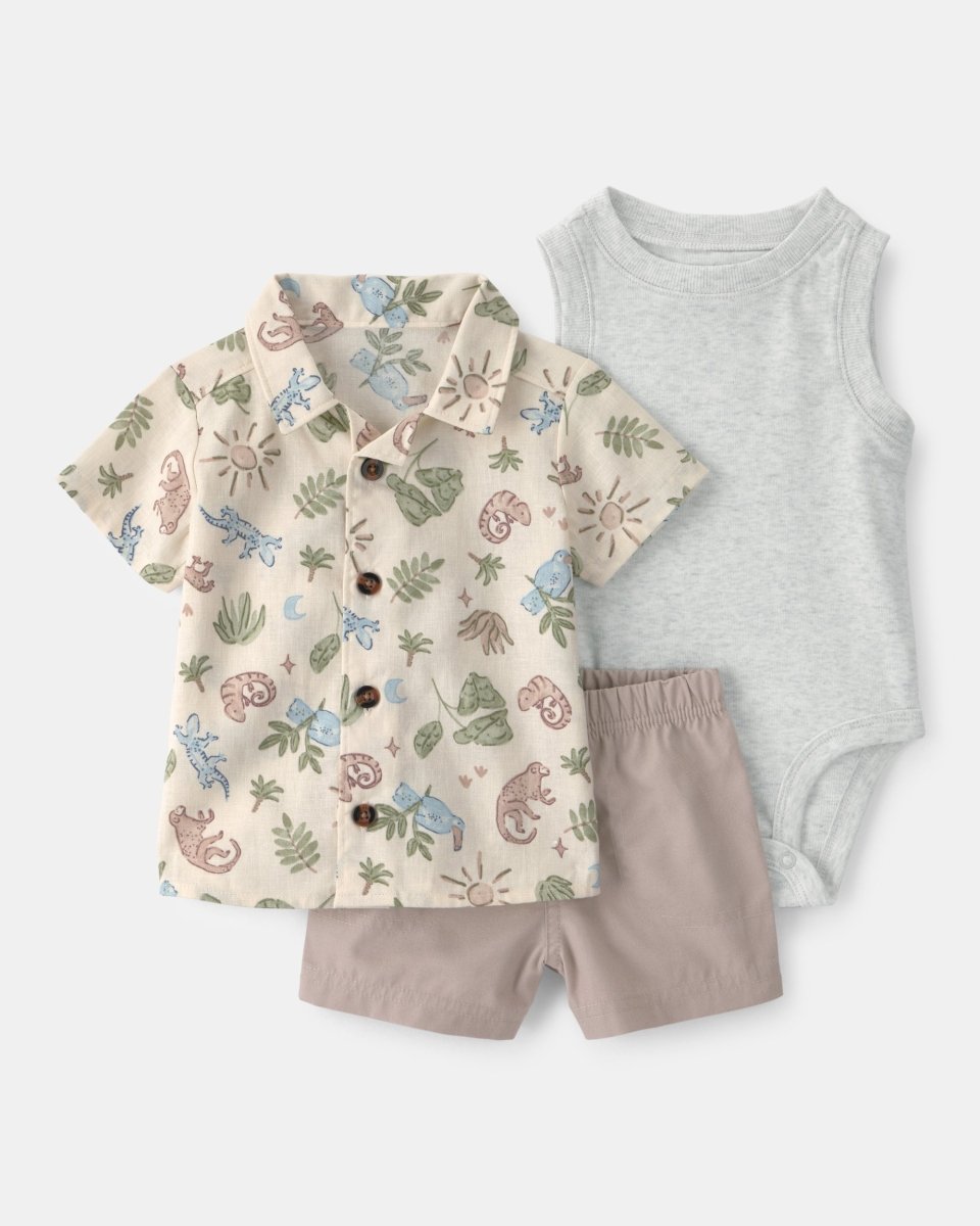 Conjunto tres piezas de lino y algodón camisa, body y pantalón corto con diseño desierto - Carter's