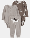 Three-piece set with pants and two dog-design bodysuits