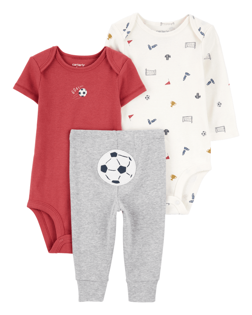 Conjunto tres piezas pantalón y dos bodies diseño fútbol - Carter´s