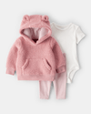 Three-piece set with teddy fleece sweatshirt with bear, bodysuit and pink leggings