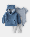 Three-piece sherpa sweatshirt set with bear, bodysuit, and blue pants