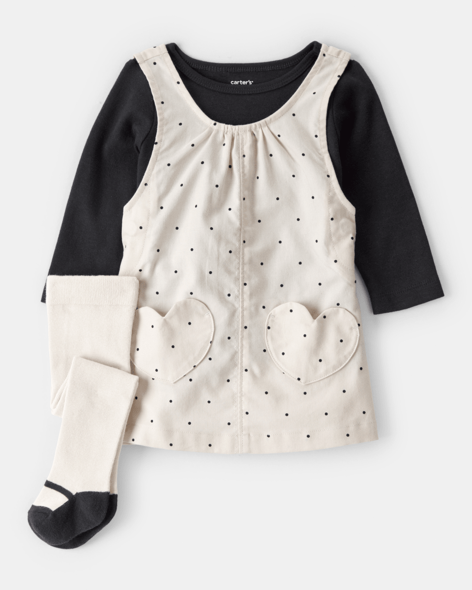 Conjunto tres piezas vestido con corazones, camiseta y leotardos marfil - Carter's
