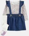 Conjunto tres piezas, vestido peto jean, camiseta y medias de algodón