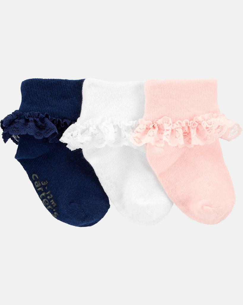 Pack 3 pares de calcetines con volantes en rosa, blanco y azul marino para bebé niña - Carter's
