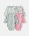 Pack of 4 long-sleeve bodysuits, owls, dots and hearts