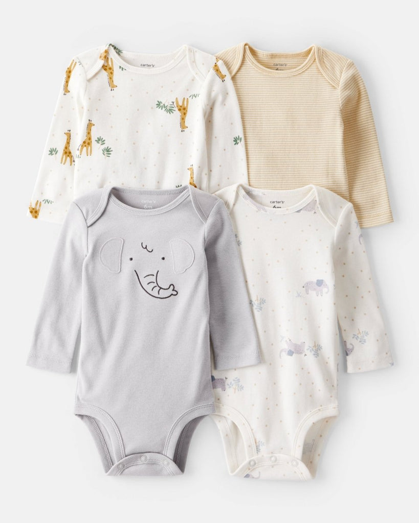 Pack 4 bodies de manga larga con estampado de cara de elefante para bebé unisex - Carter's
