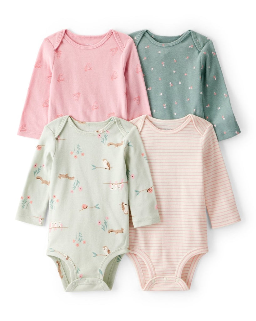 Pack 4 bodies de manga larga con estampados de búhos, rayas y flores para bebé niña - Carter's