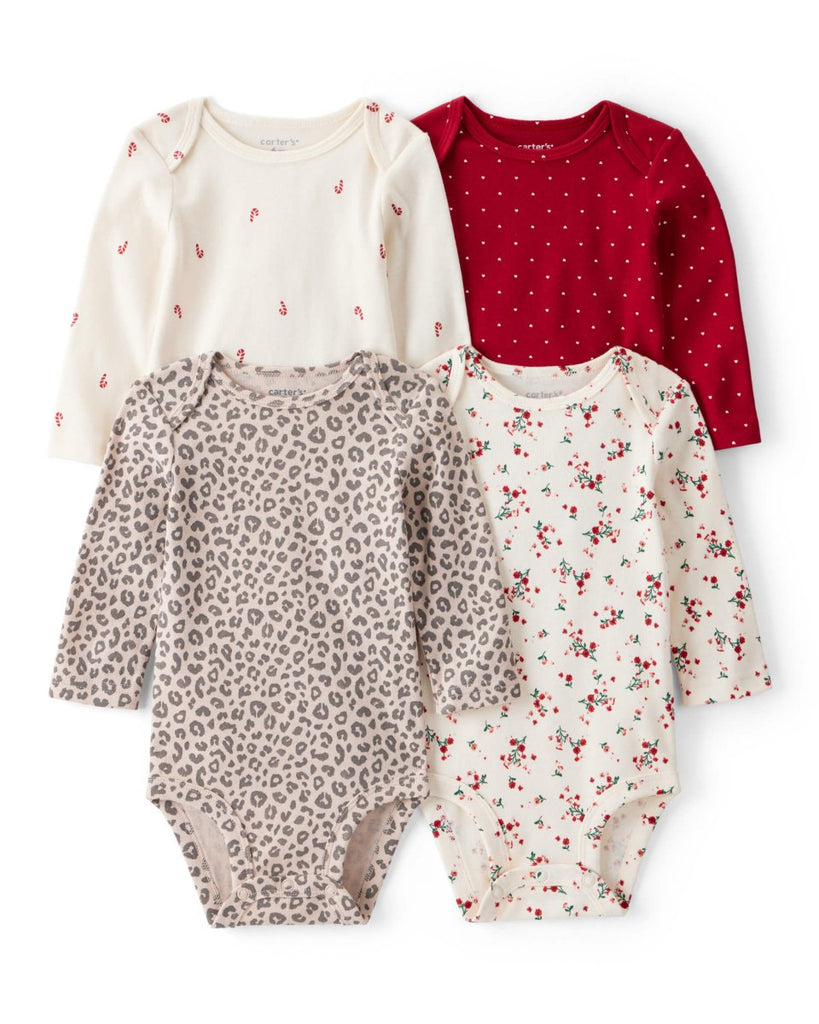 Pack 4 bodies de manga larga con estampados florales, leopardo y bastones de caramelo para bebé niña - Carter's