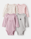 4-Pack long-sleeve bodysuits with koalas and foxes, lilac/pink