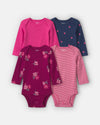 Pack of 4 long-sleeve cotton bodysuits, flowers