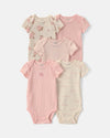 Pack of 5 short-sleeve bodysuits, pink florals and stripes