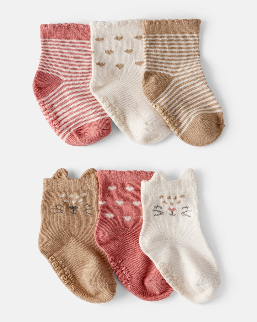 Pack 6 pares de calcetines estampado de leopardo, gato, rosa y tonos neutros para bebé niña - Carter's