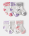 6-pack baby booties in pink and purple with cuffs