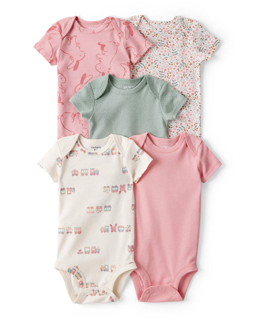 Pack cinco piezas body manga corta con tren y flores - Carter's
